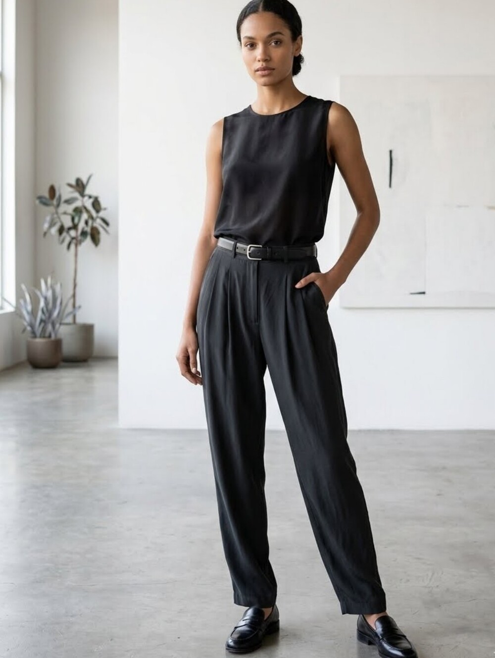 Vintage Havana 100% Silk Pleated Trousers Black High Waist Lined Women 12